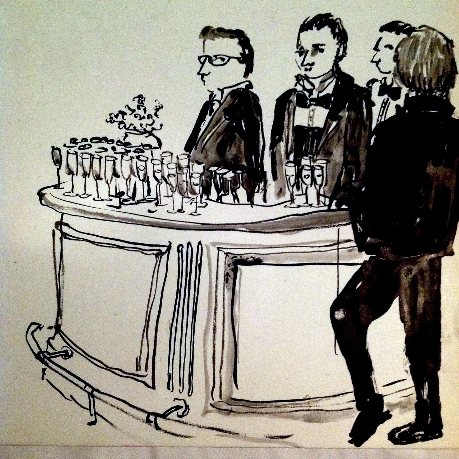 waiters at Hotel Du Cap, Eden Roc wait to serve mountains of champagne to guests at the Charles Finch filmmakers dinner