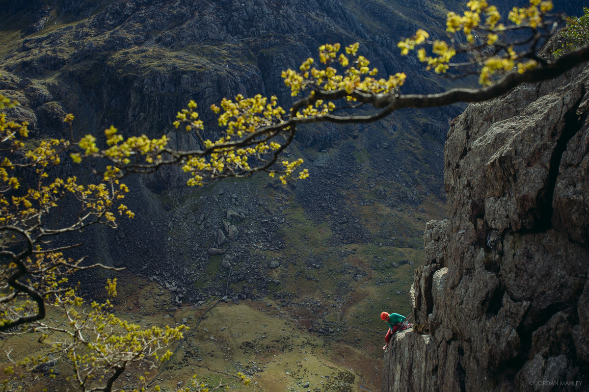 Katy Whittaker at the top of Left Edge, Dinas Cromlech