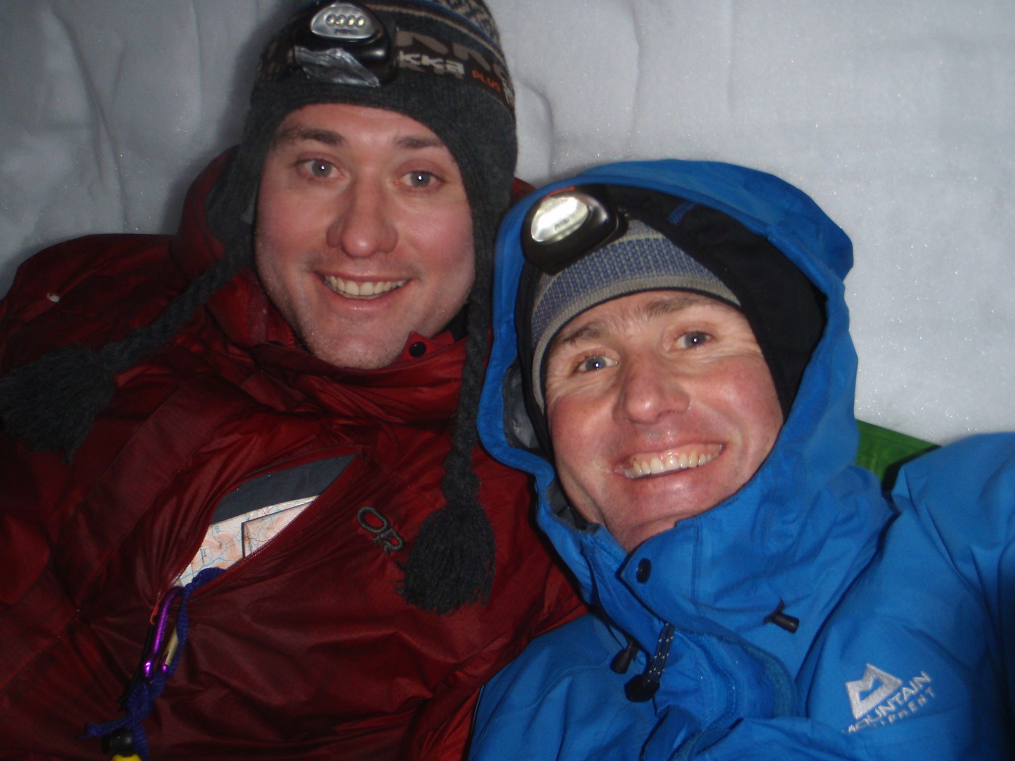Chris (R) and brother Richard (L) snow-holing in Scotland