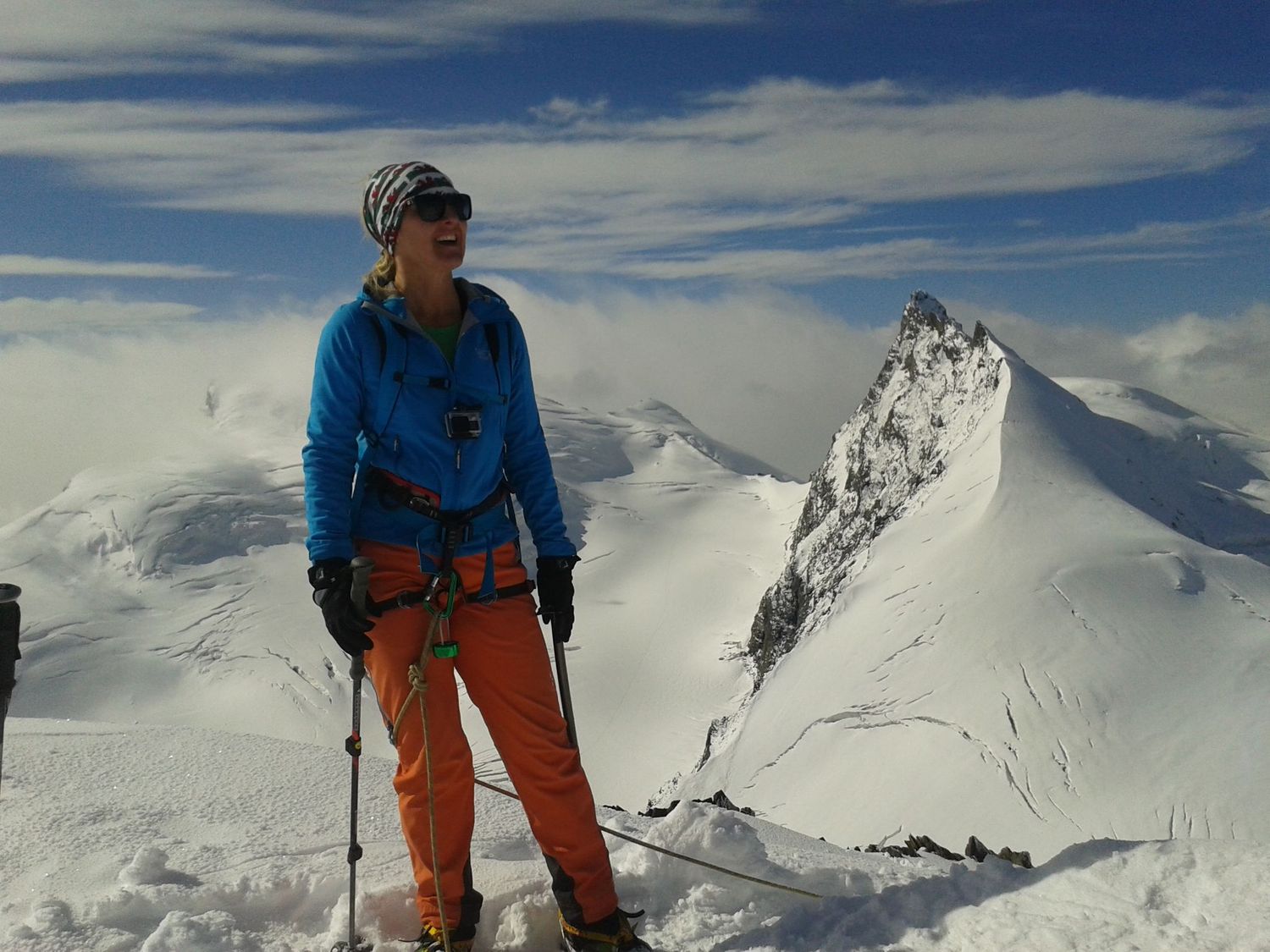  On the summit of the Allalinhorn with the Rimpfischhorn and the Strahlhorn behind 