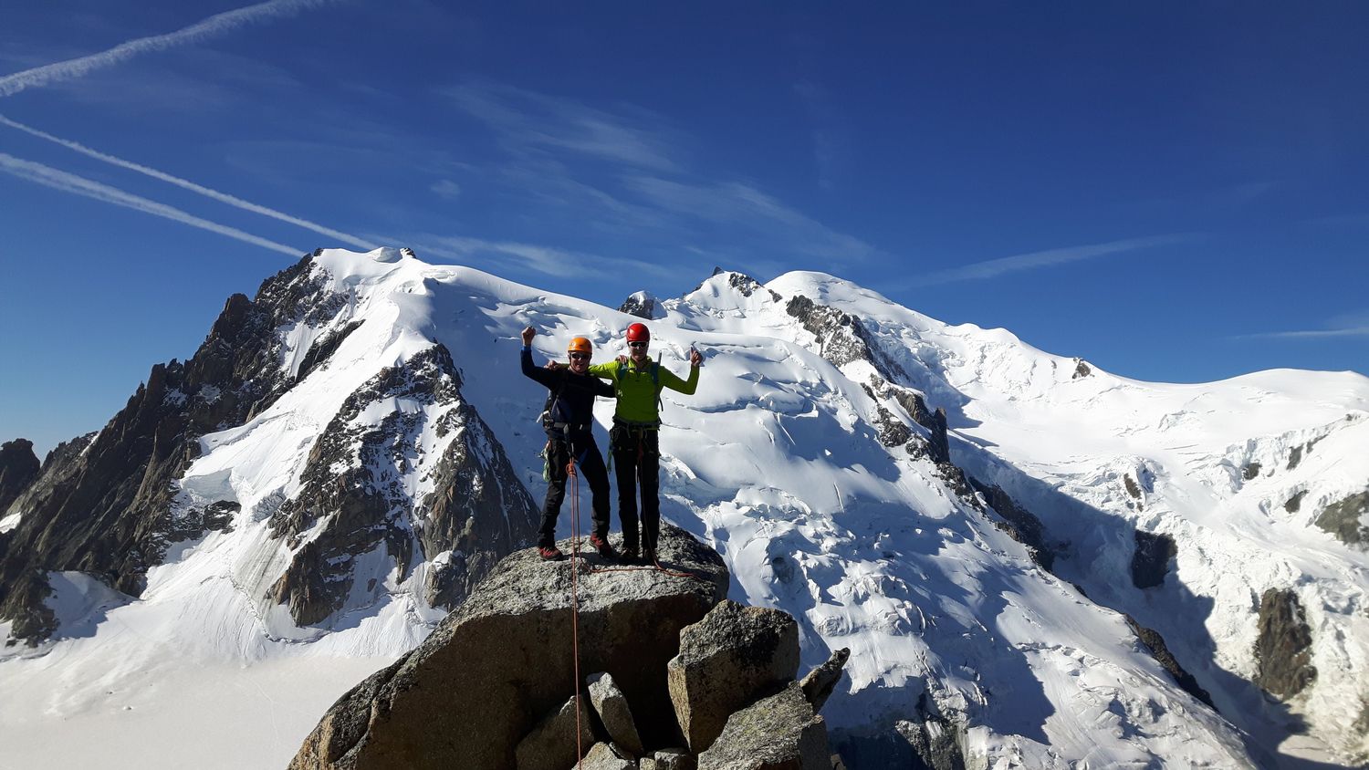  On the summit of the Cosmiques Arete with Mont Blanc behind 
