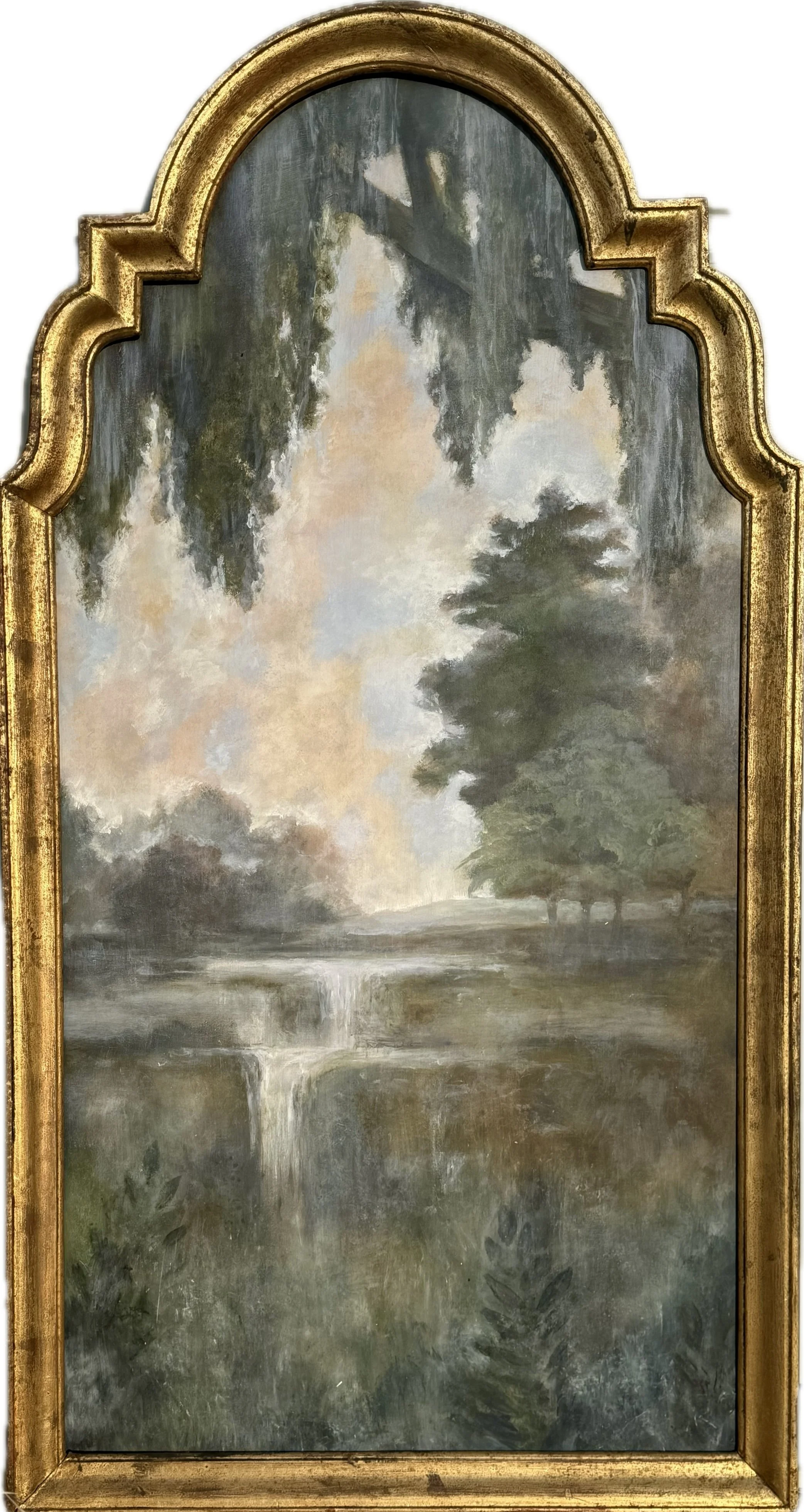 Landscape painting of a waterfall over a river with trees and cloudy sky, framed in gold.