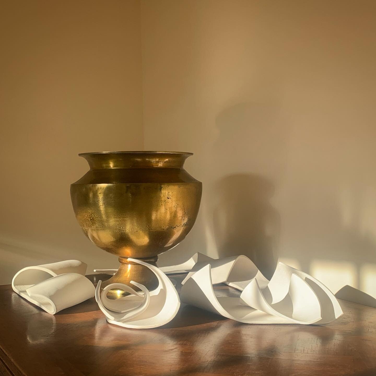 a modern-day still life (porcelain sculptural components and brass urn in the golden hour) #stilllifephotography #golden #lauraclarkartistry