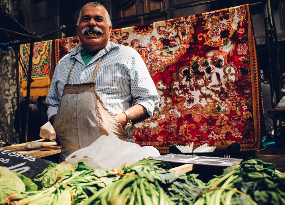 A happy market seller in Montevideo, Uruguay