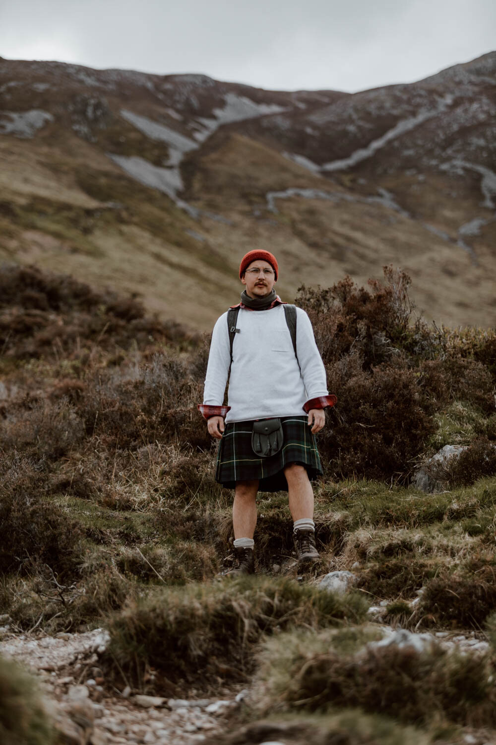 man in kilt in Scottish highlands