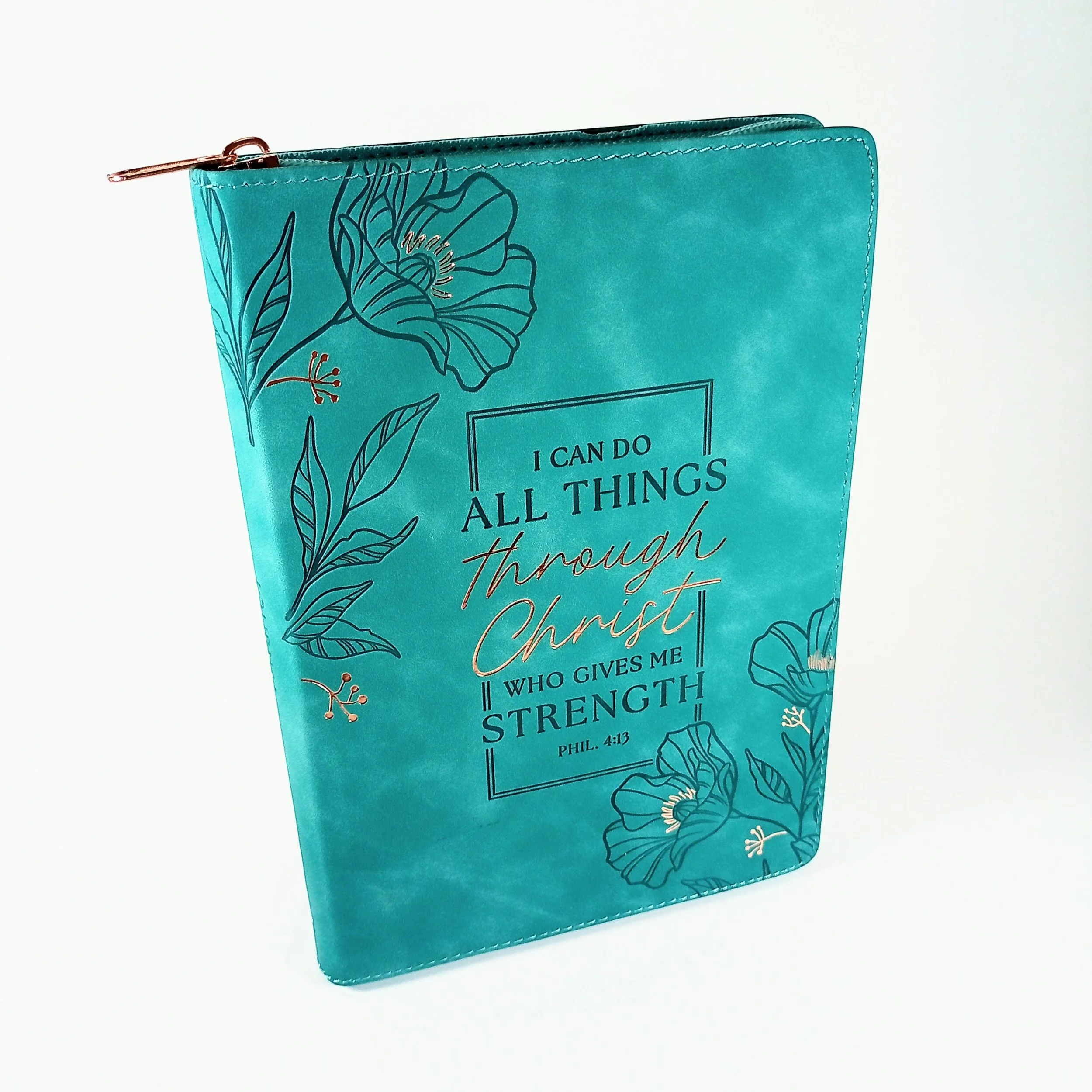 Zippered Journal All Things Through Christ Lined Teal Vegan Leather Floral