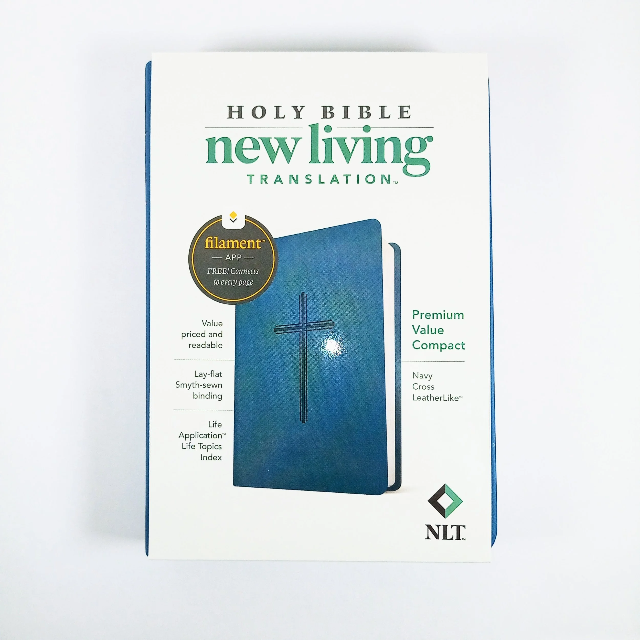 NLT Premium Value Compact Bible Navy Cross LeatherLike with Filament App