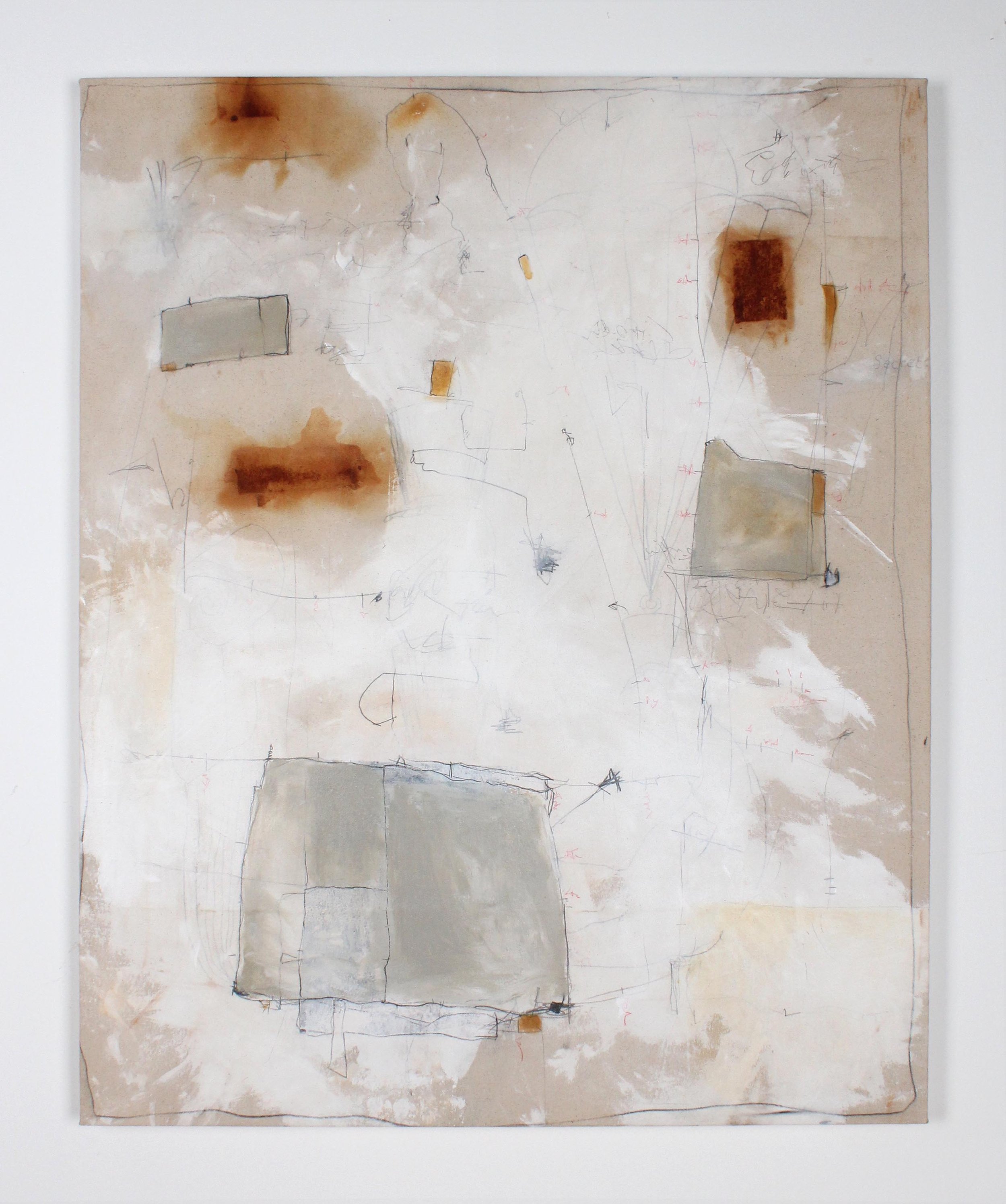 Measuring the Distance to Heaven, 2025. rust, acrylic, graphite, colored pencil on canvas - 38.5" x 48"