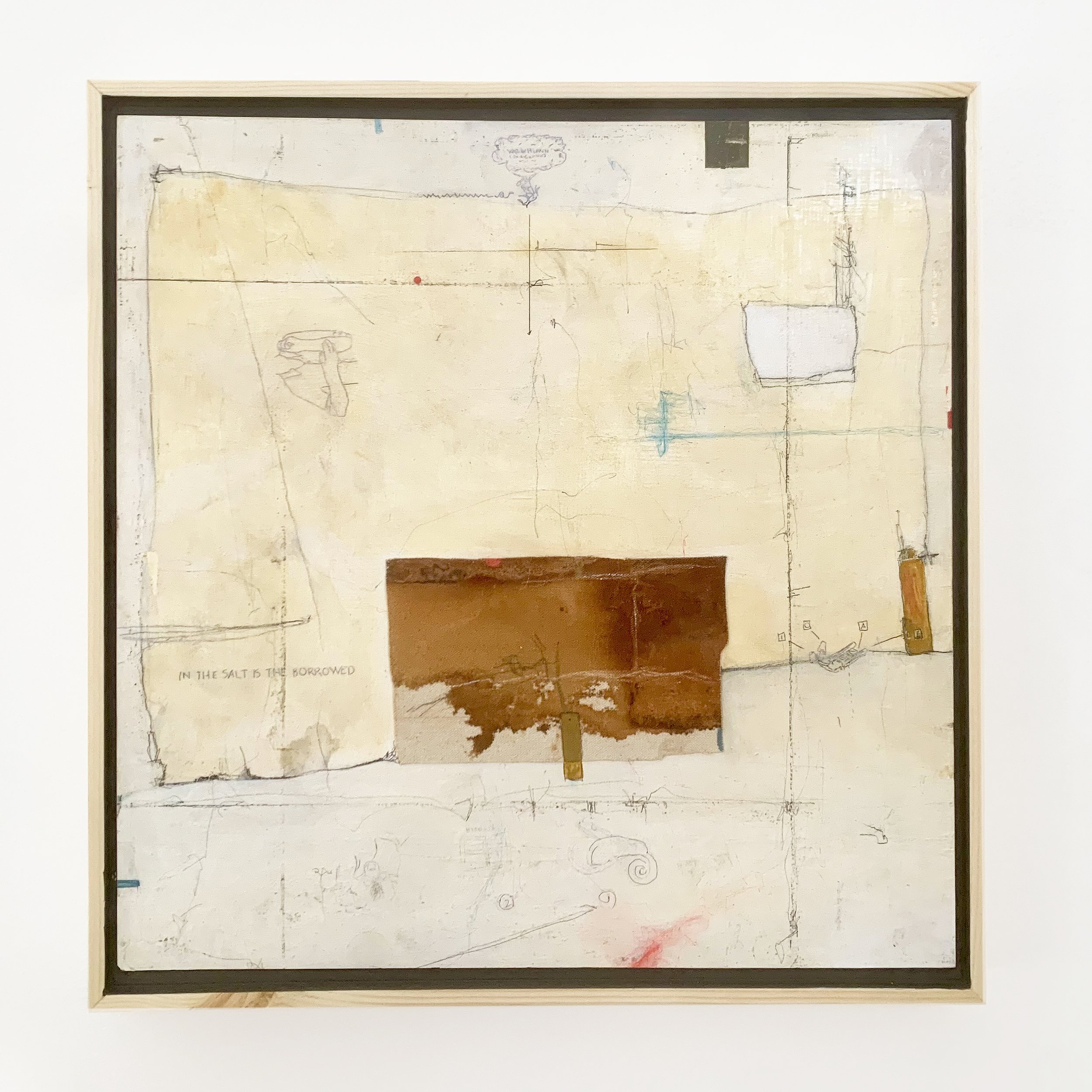 In the Salt, 2024. acrylic, graphite, rust, canvas, colored pencil on wood panel - 16.5" x 16"