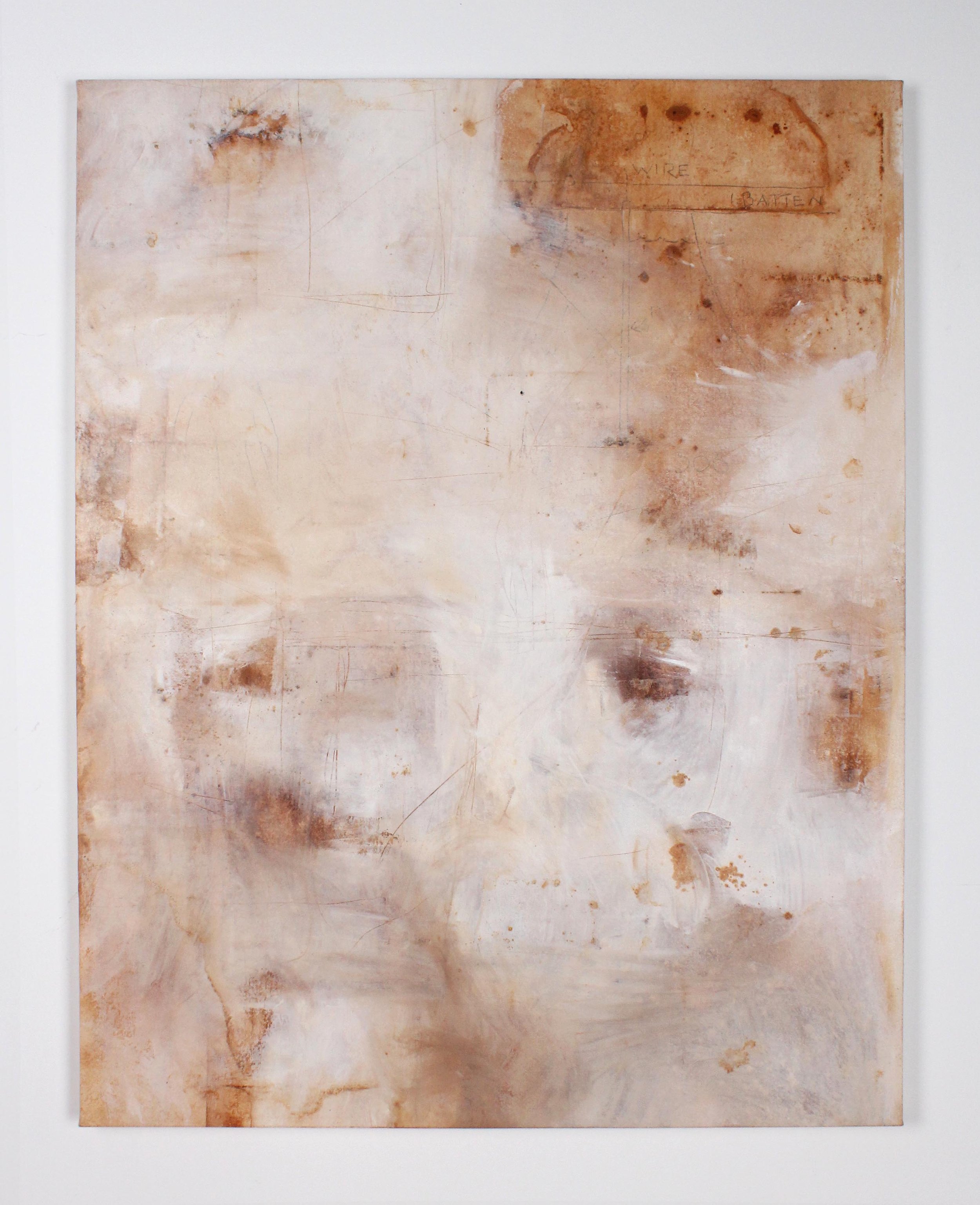 Hidden Wires, 2025. rust, acrylic, graphite, colored pencil on canvas - 38.5" x 48"
