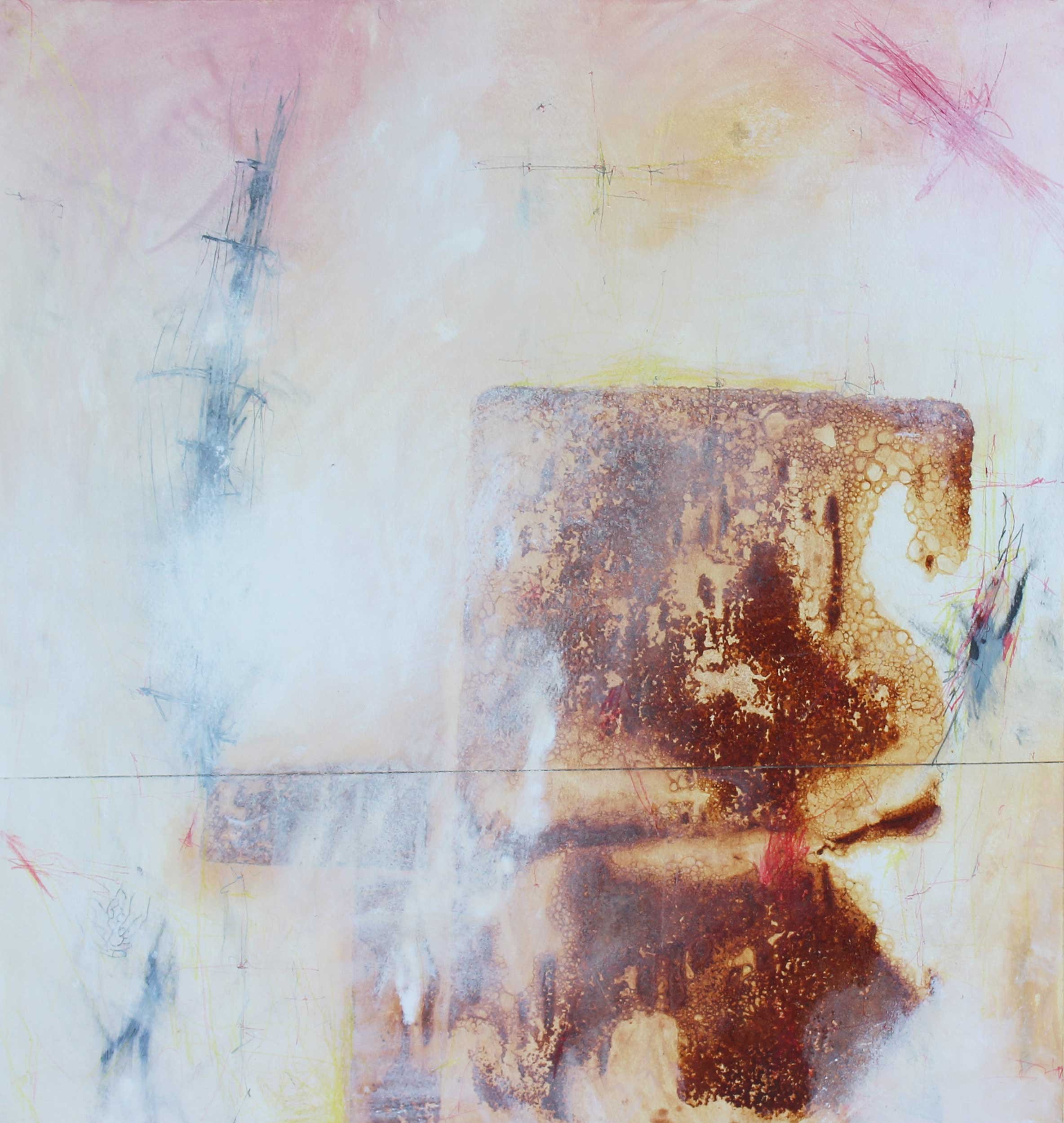 Twenty Thousand Oaths of Understanding, 2020. rust, acrylic, graphite, colored pencil on wood panel - 23" x 24"