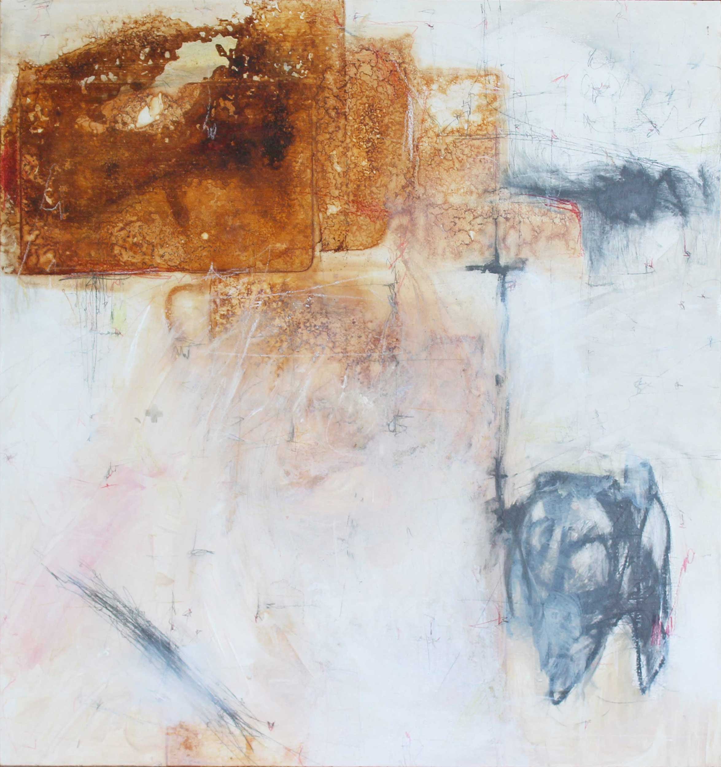 Down in the Hollow Made by Hand, 2020. rust, acrylic, graphite, colored pencil on wood panel - 23" x 24"