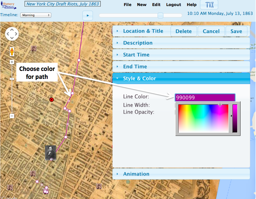 Color picker gives a rainbow of colors and shades for paths, areas, and area outlines. 