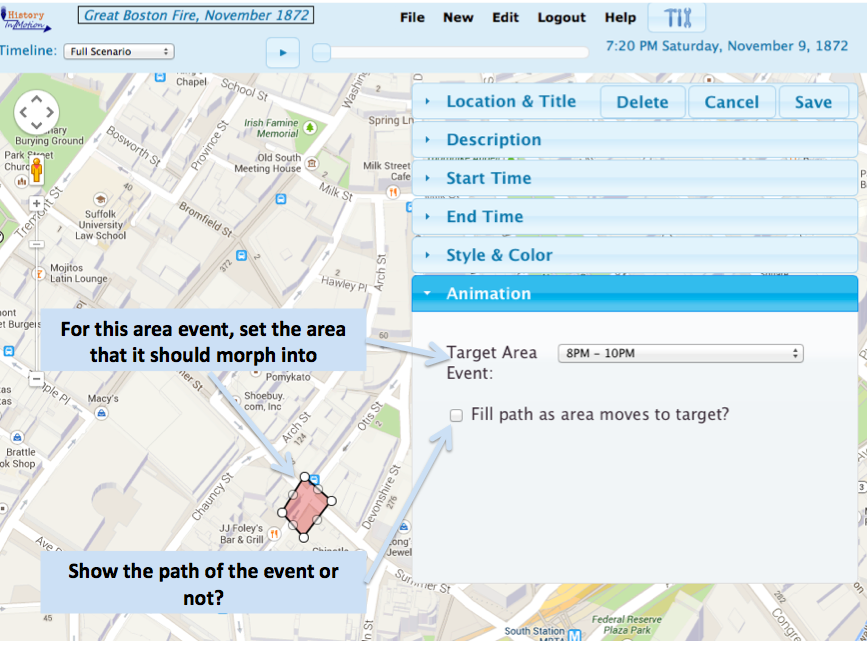 This links the area event representing the start of the Great Boston Fire to the area event showing how far the fire had spread by 10 PM. In this scenario, each area event is linked to the next larger area of the fire's extent.