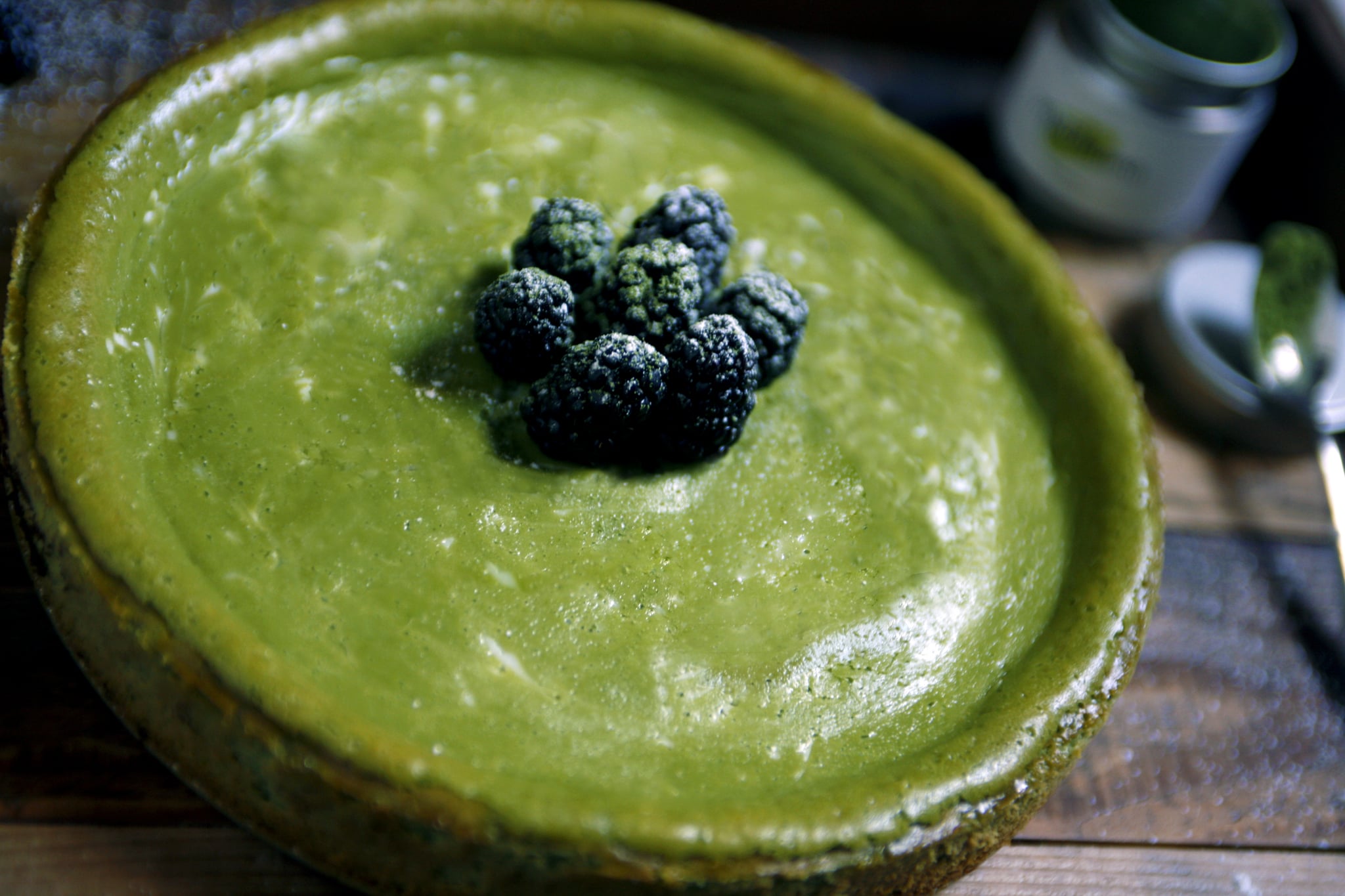 This matcha cheesecake is to die for! I put in a tad extra green tea powder for more vibrancy with the coloring.