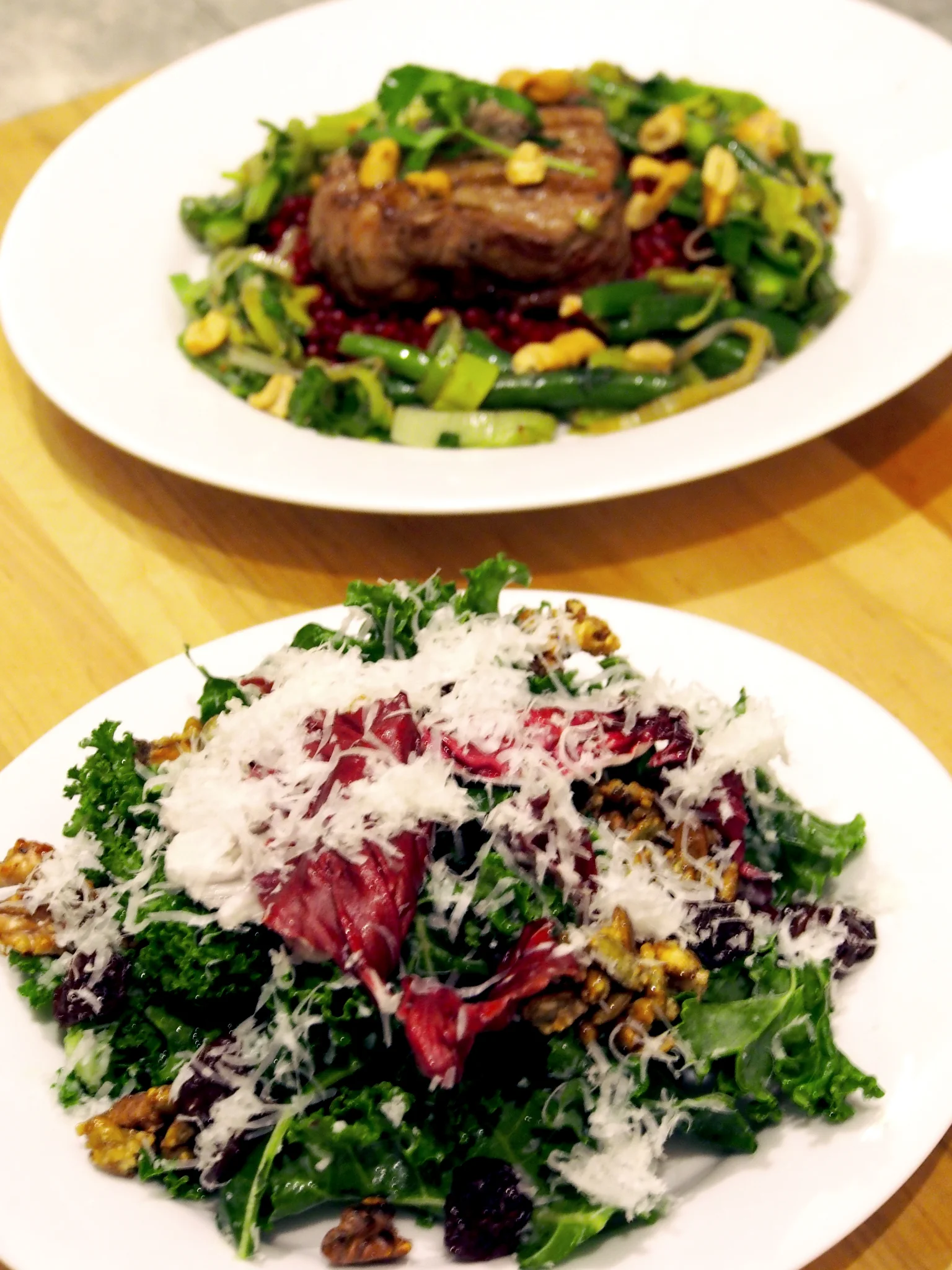 Cherry, Kale & Walnut Salad with Lavender Steak on Pearl Couscous from Meisterdish in NYC.