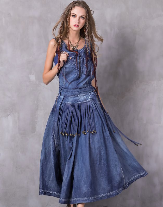 VIP me Blue Vintage Embroidery Belted Maxi Denim Dress