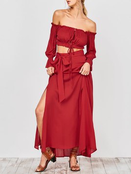 Zaful Cropped Off The Shoulder Top And Belted Slit A-Line Skirt - Red