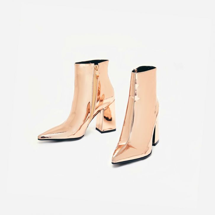 Larna Pointed Toe Ankle Boot In Metallic Rose Gold Faux Leather