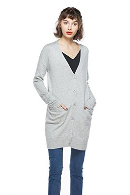 KNITBEST Women's Long Sleeve Button Down Casual Pocket Cardigan (Medium, Light Grey)