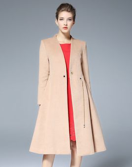 VIPme Apricot Plain V Neck Long Sleeve Fitted Women's Coat