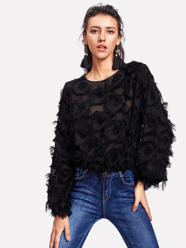 SHEIN Fringe Patch Mesh Top