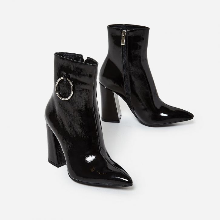 Ego Shoes Ruben Pull Ring Detail Ankle Boot in Black Patent