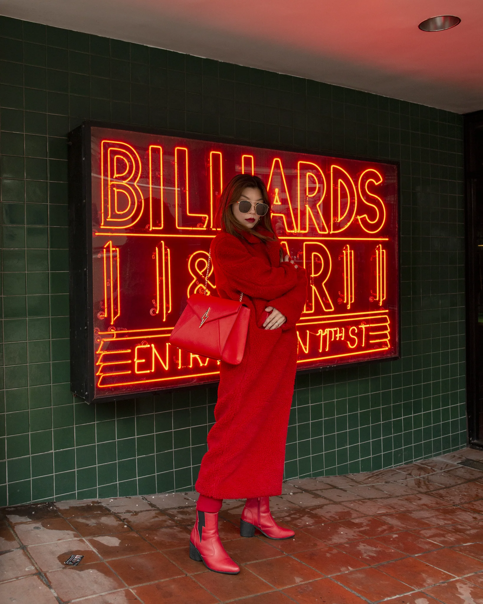 red monochrome outfit