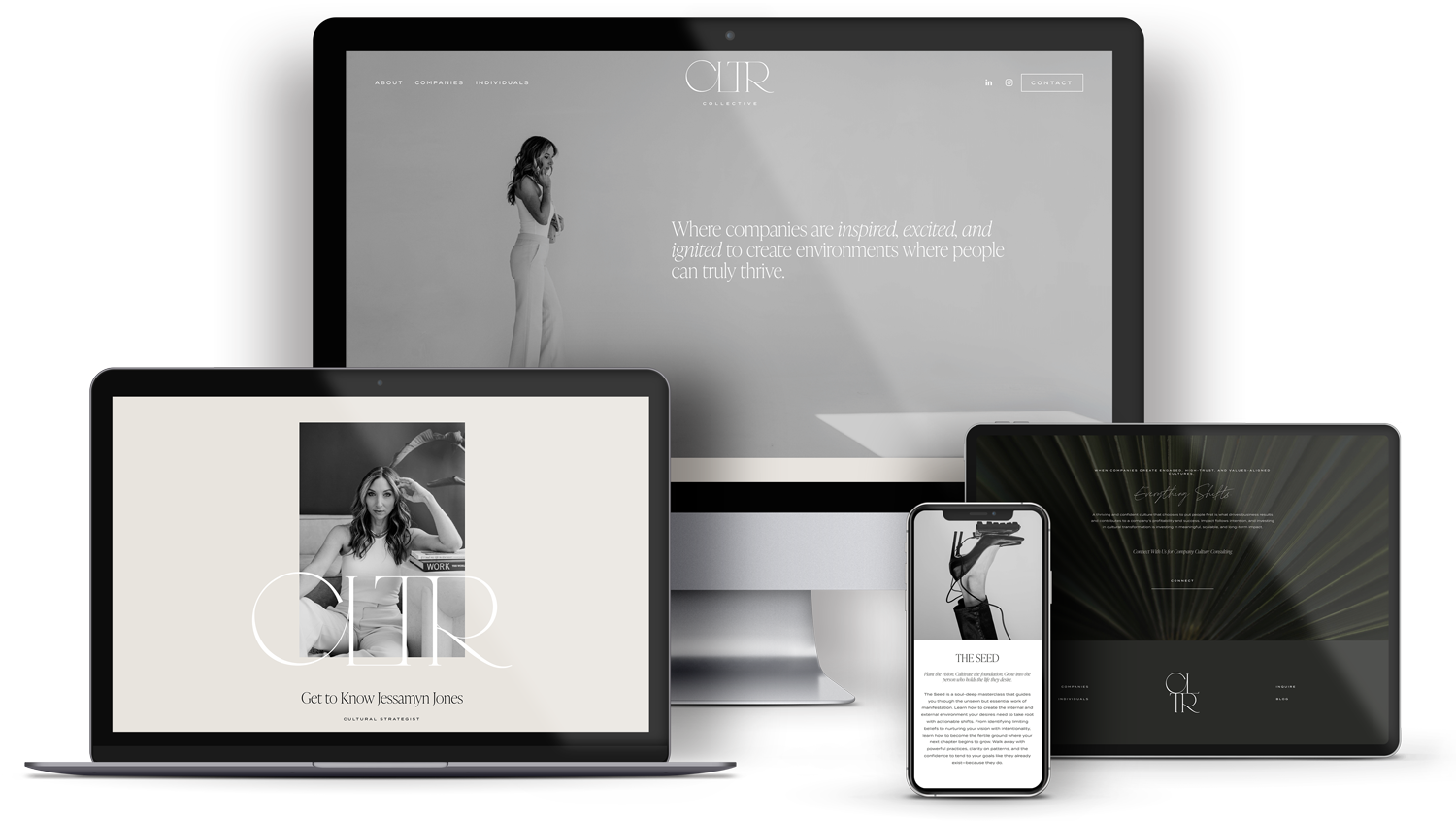 Multiple digital devices displaying black-and-white website designs, including a desktop monitor, laptop, tablet, and smartphone