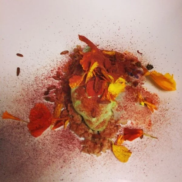 Sorrel sorbet, honeysuckle granita, black walnuts, beet powder, sprouted rye, and flowers. Intermezzo course by Jason Zygmont of 5&10.