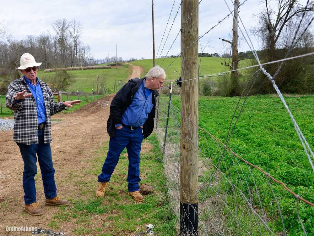 Rod Pittman, left, and Jim Bouchard talk about the clover cover crop in a field at Bouchard Farms in Commerce, Ga. on Wednesday, March 20, 2013. (Richard Hamm/Staff) OnlineAthens & The Athens Banner-Herald Richard Hamm/Staff