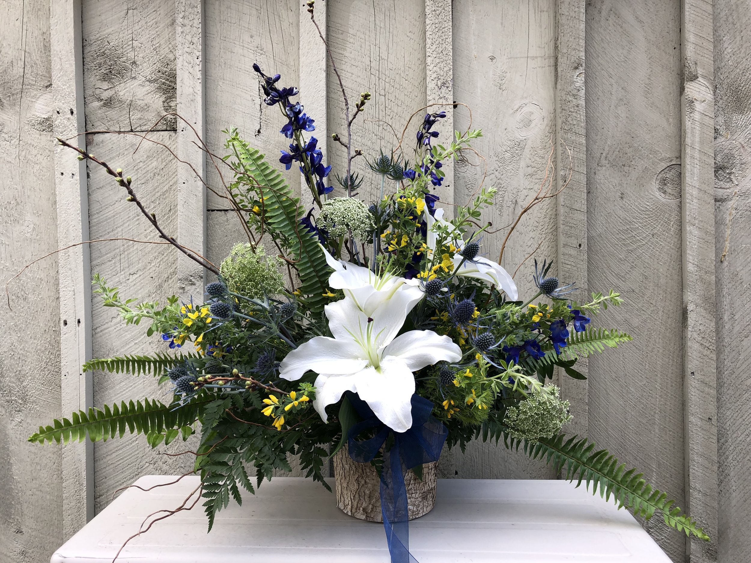 $125 Blue and White Birch Container