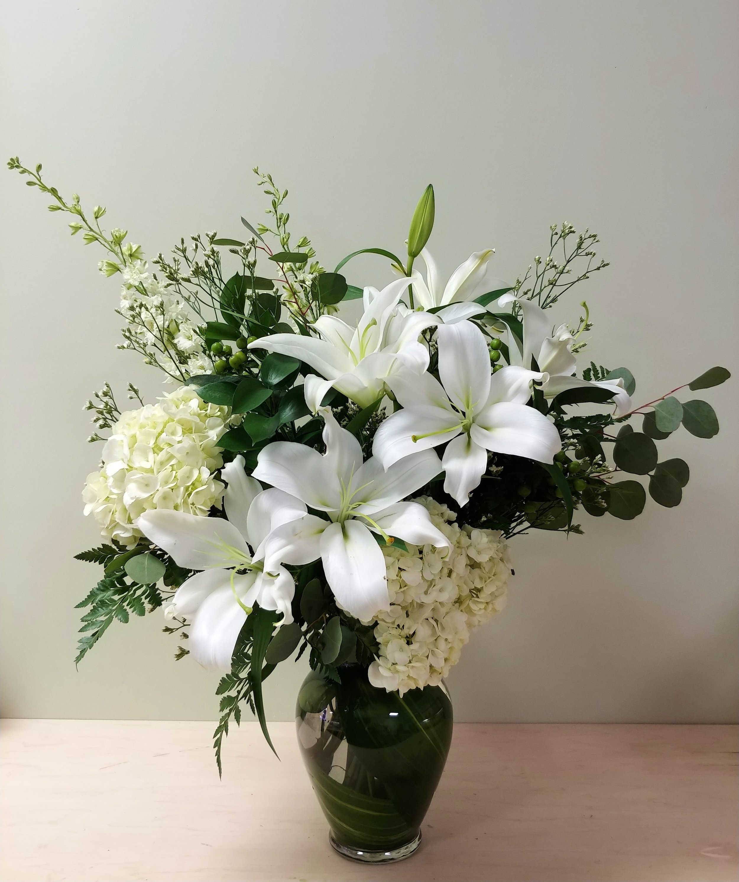 $100 Classic White and Green Lily Vase