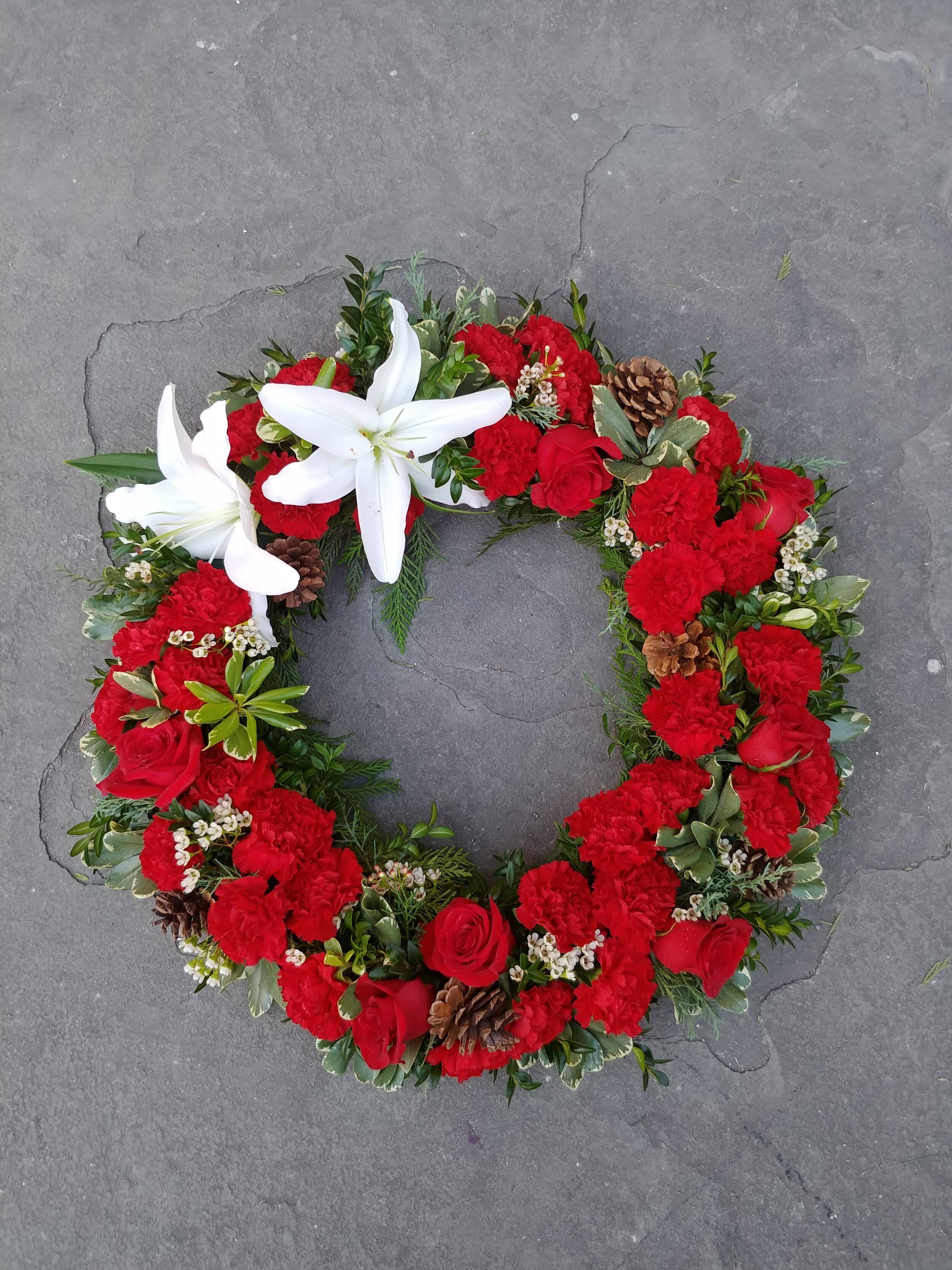 $250 Solid Red Wreath with Lilies