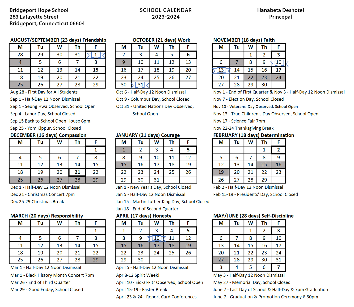 Bridgeport Hope School — Calendar