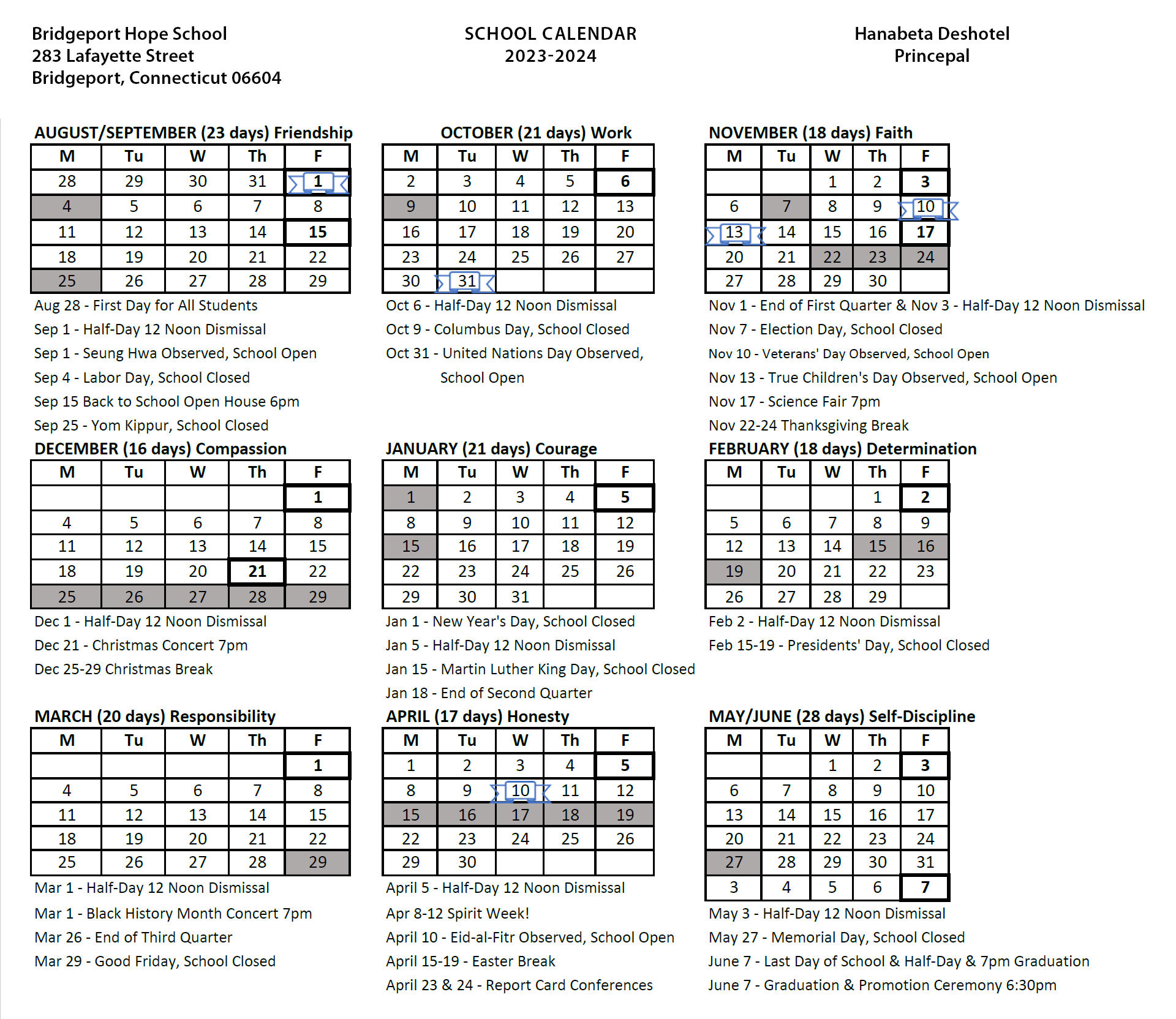 Bridgeport Hope School — Calendar