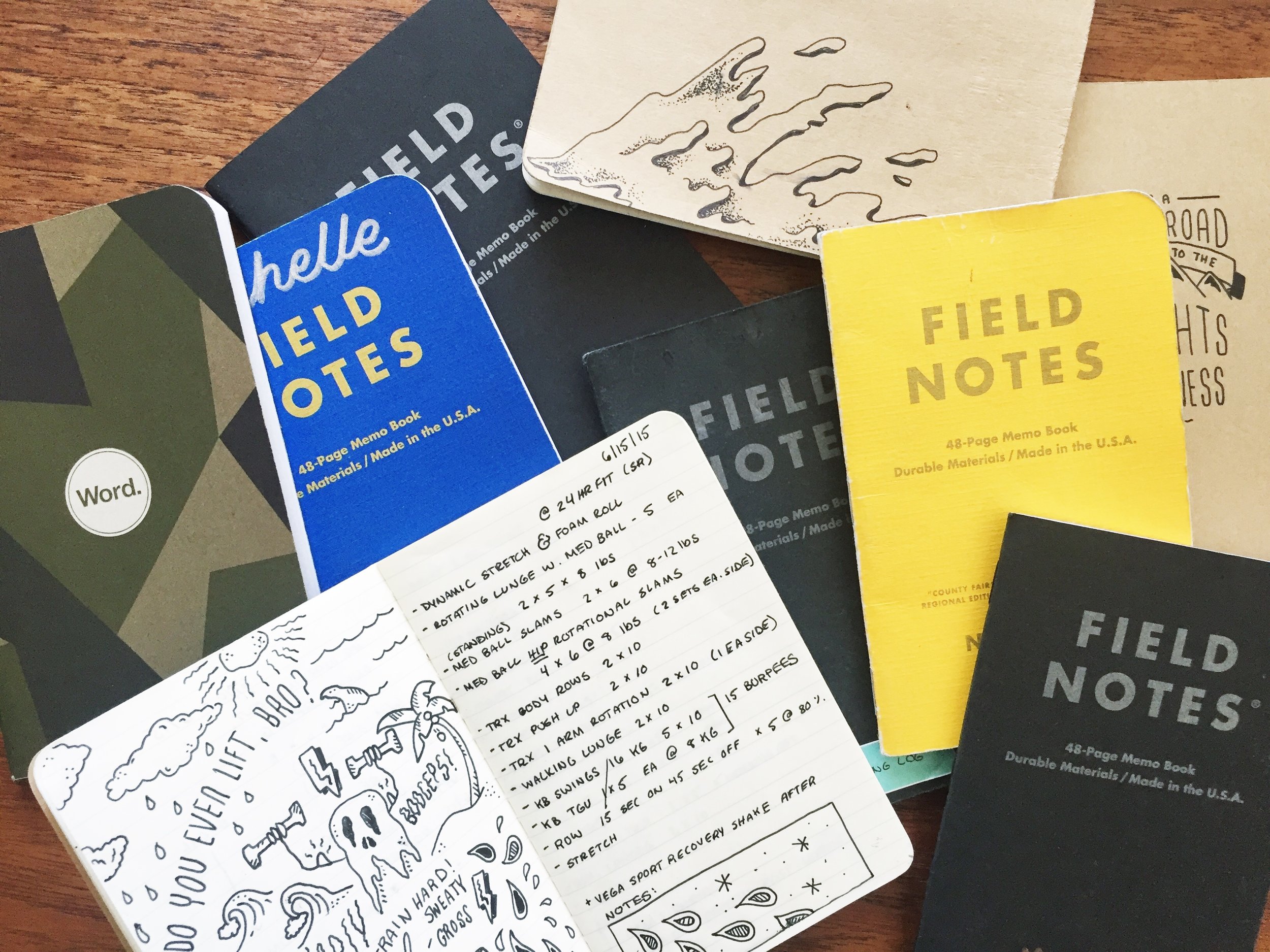 Some of my training logs from the past few years via Field Notes , Moleskin and Word.
