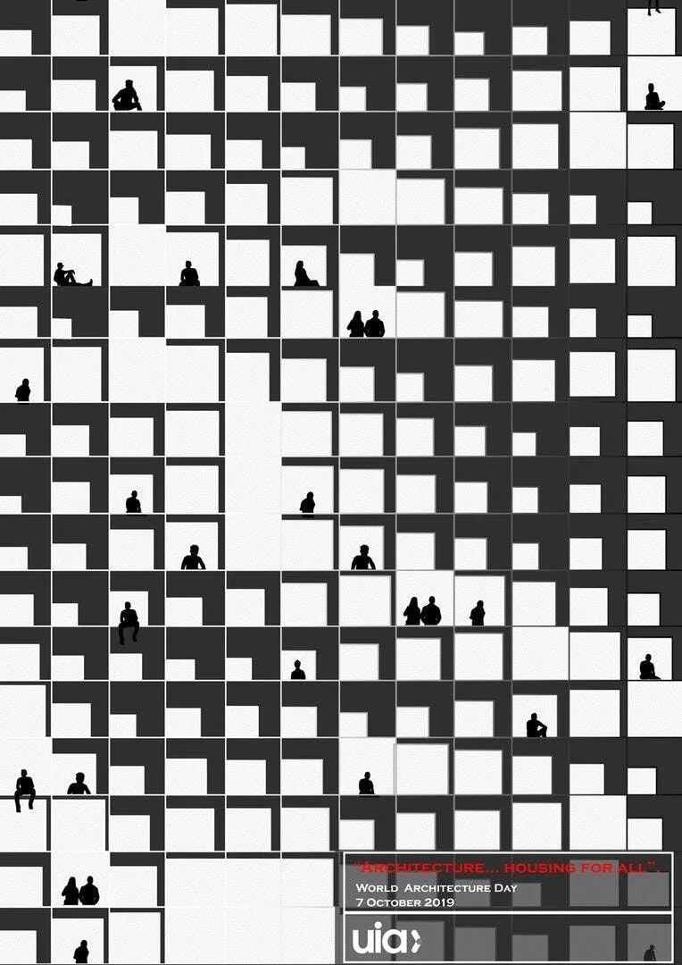 Winning design of the UIA 2019 World Architecture Poster Competition, Architecture...housing for All by Huda Gharandouqa (Jordan). Image via UIA/Facebook.