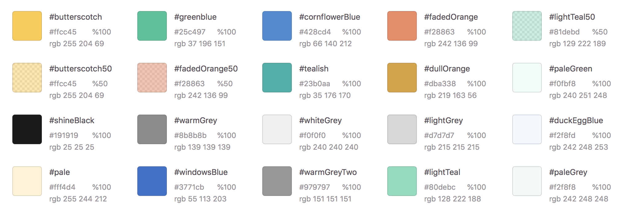 Existing Shine iOS app color palette, October 2018
