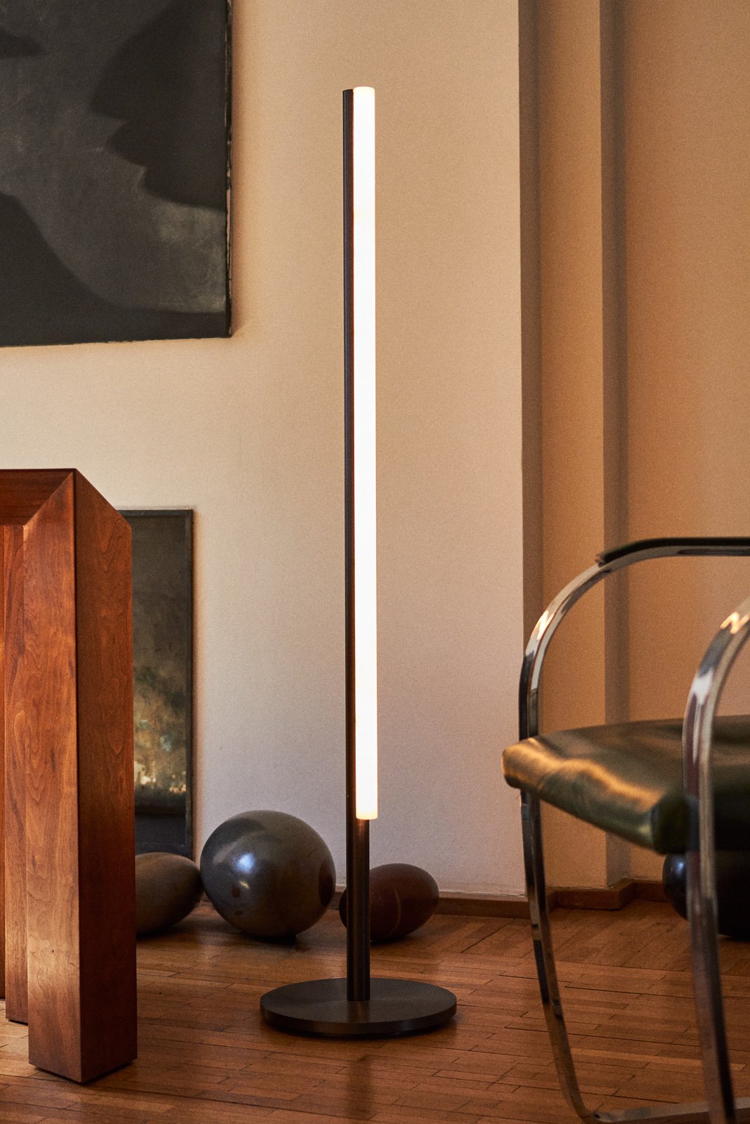aluminum metal minimal modern tube floor lamp by Michael Anastassiades