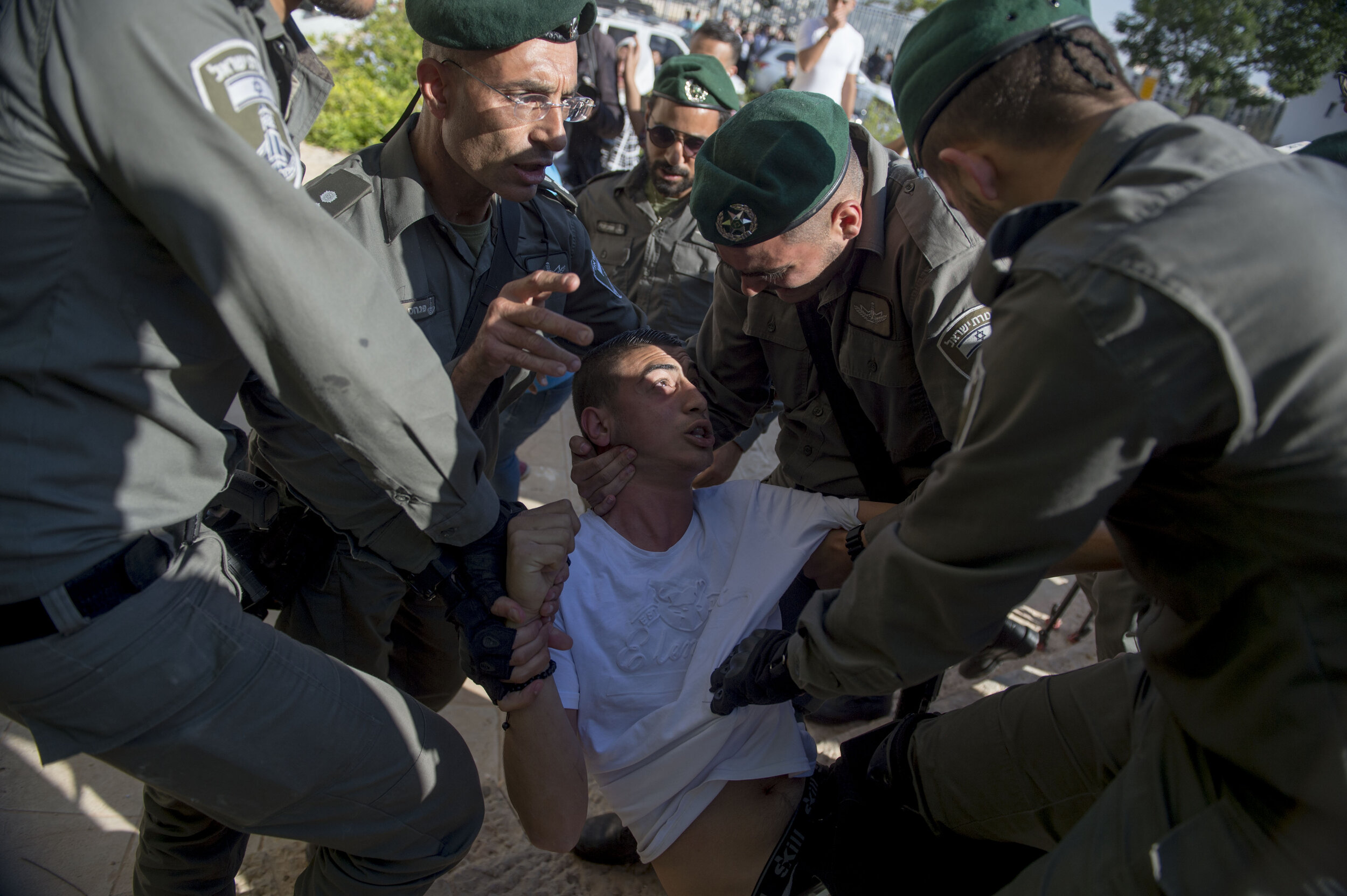  Israeli police arrest a Palestinian protester during a protest against the moving of the US Embassy to Jerusalem from Tel Aviv. Both Palestine and Israel consider the holy city of Jerusalem to be their rightful capitol and Donald Trump’s moving of t