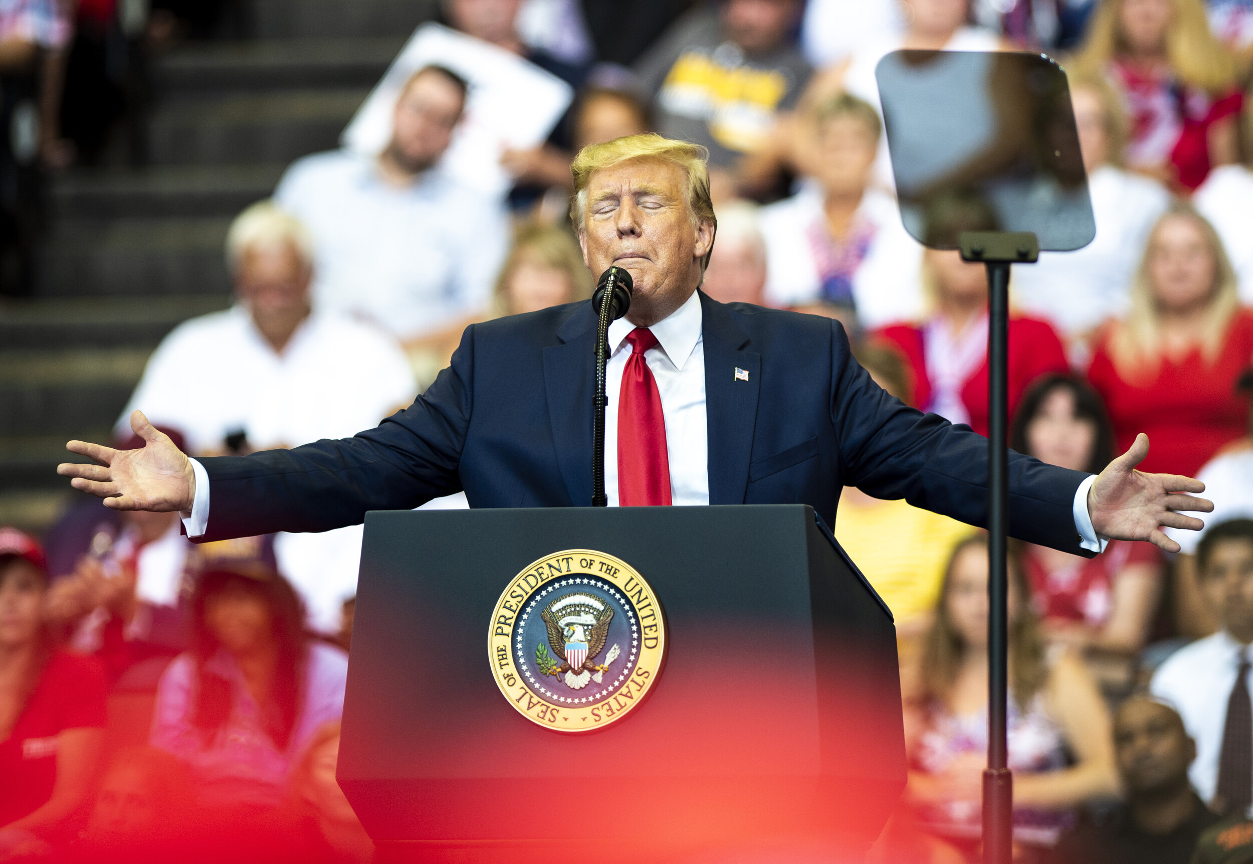  President Donald Trump speaks to his followers during a rally at the US Bank Arena in Cincinnati, Ohio on August 1, 2020. 