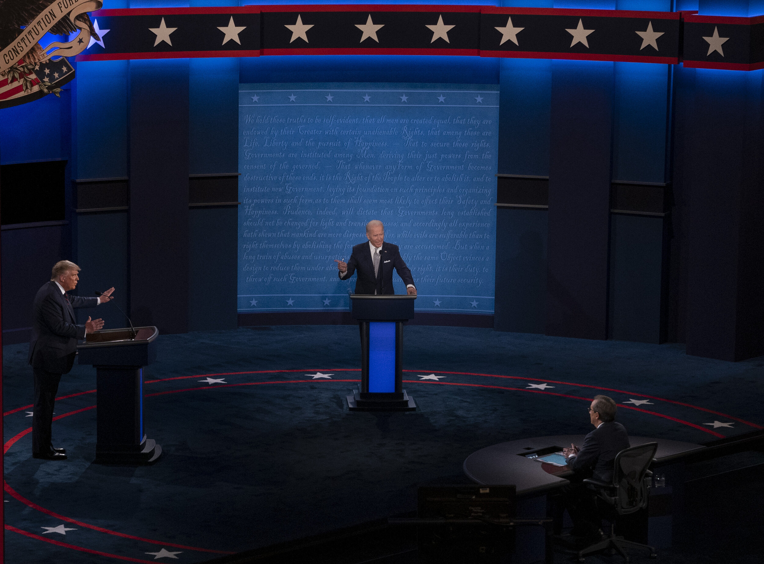  President Donald Trump and former Vice President Joe Biden argue and talk over each other during the first presidential debate held at Case Western University in Cleveland, Ohio on September 29, 2020. 