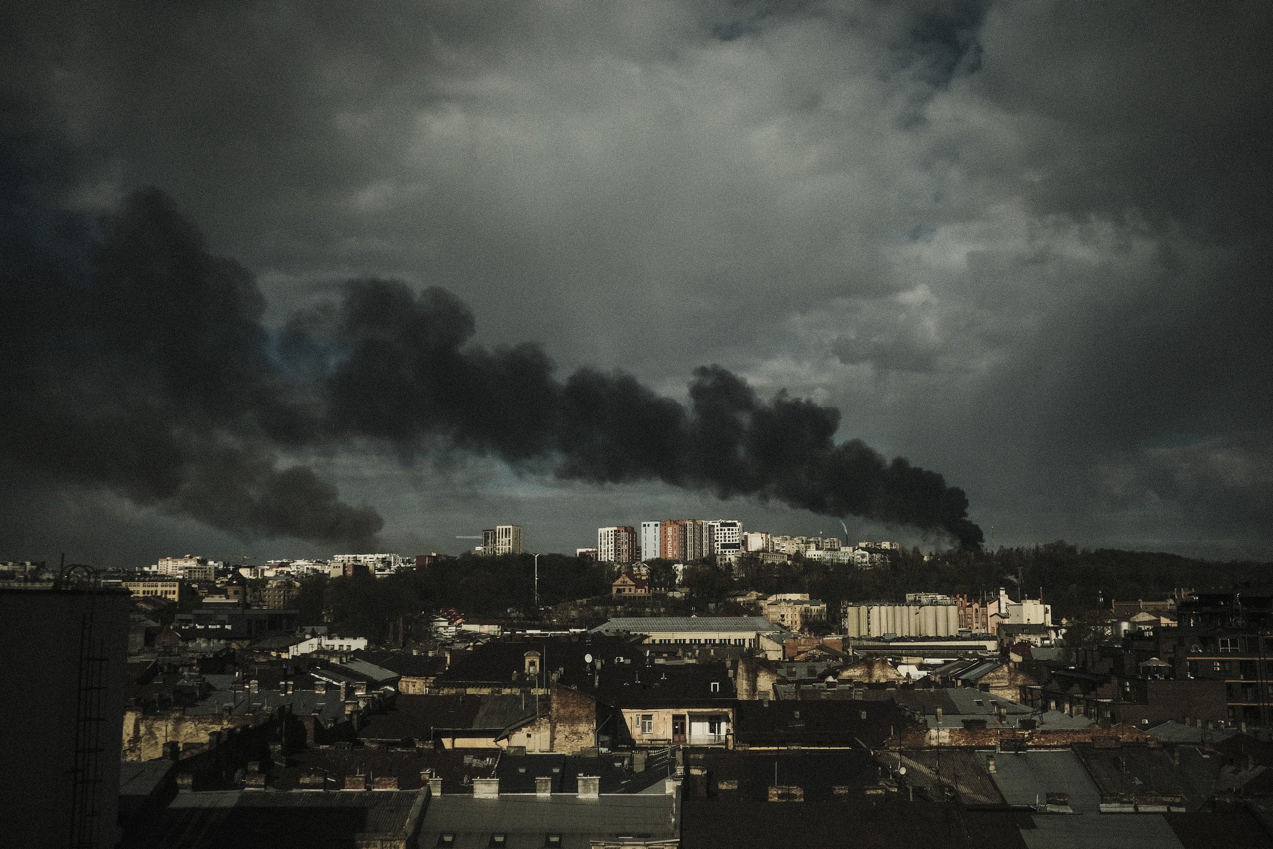  Smoke rises over Lviv, Ukraine following a Russian missile attack that killed 11 people on April 18, 2022. The city of Lviv which is located in the western part of the country near the border with Poland has served as a hub for refugees and humanita
