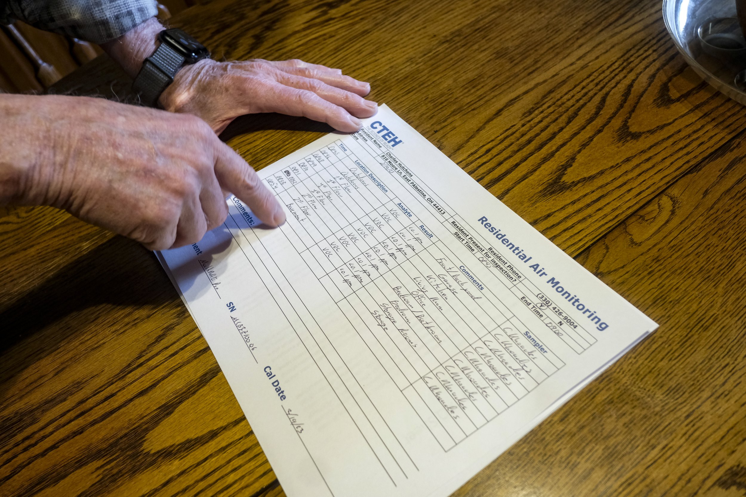  Charlie Hutchens shows the test result papers following having the soil and the air  at his home tested by the EPA in East Palestine on Saturday, February 19, 2023. Charlie was one of hundreds off residents on the Eastern side of town who were force