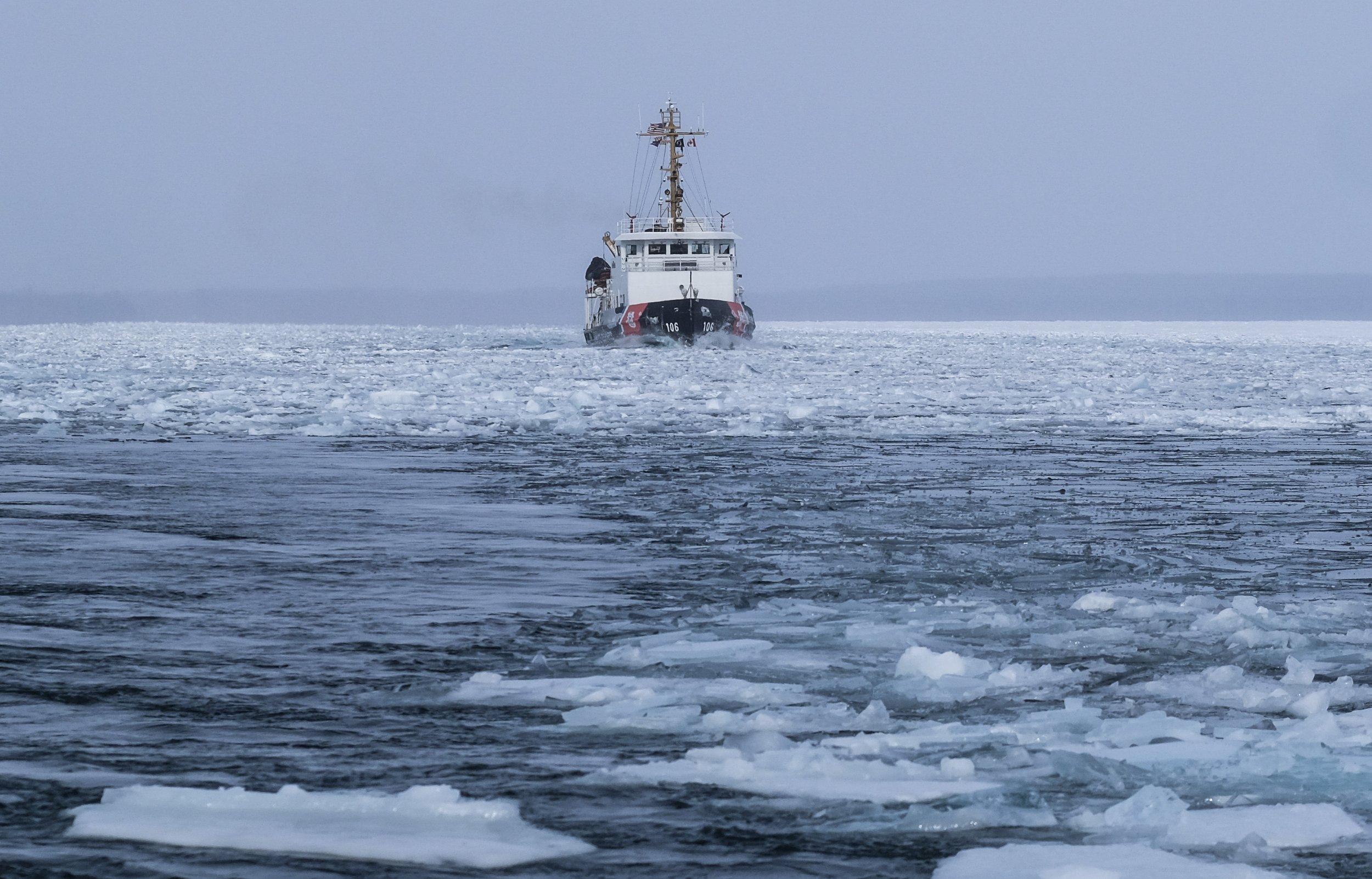  The US Coast Guard Cutter 'Morro Bay' participates in Ice Breaking operations alongside USCGC 'Katmai Bay' to clear a Frozen  section of the St. Mary's river on Monday, March 13, 2023 near Lake Huron. 