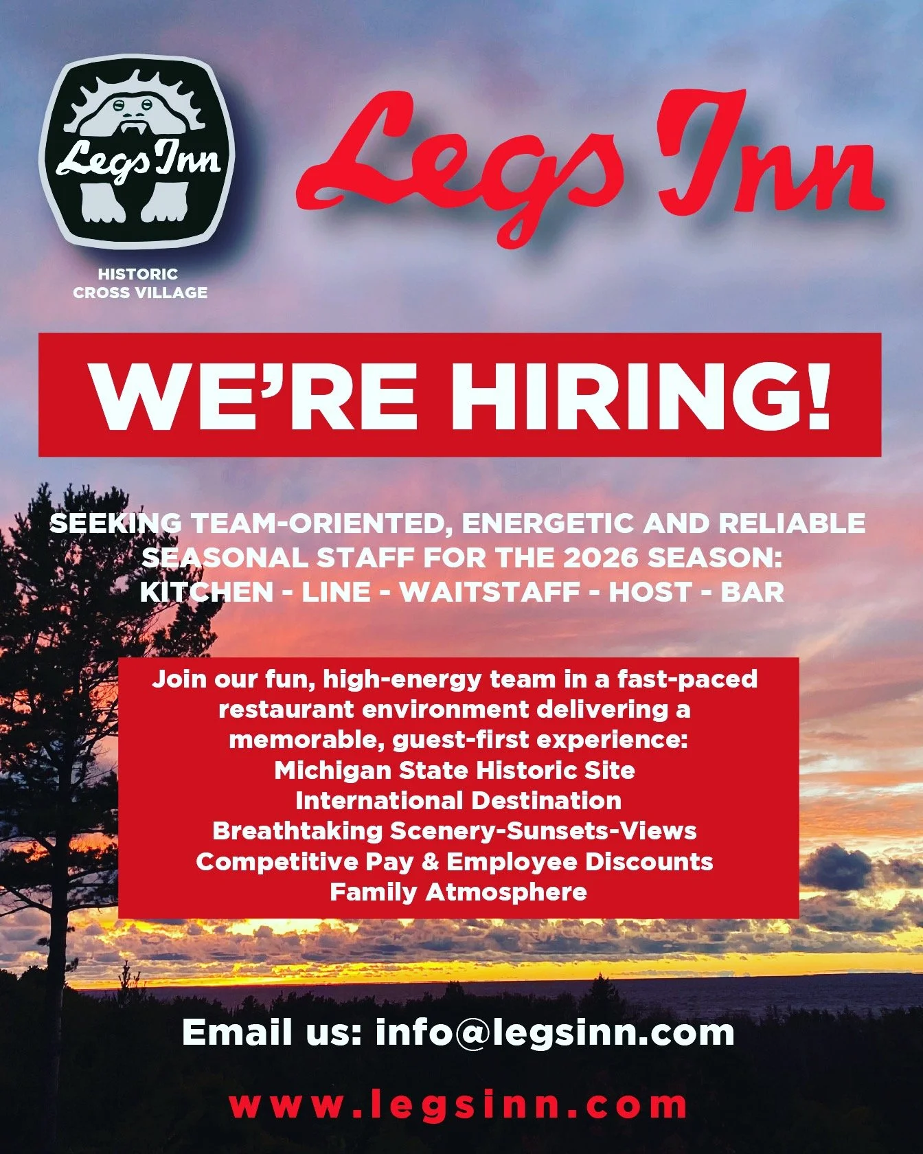 Know someone who might be a great fit? Email us: info@legsinn.com #legsinn #crossvillage #m119 #harborsprings #tunneloftrees #nowhiring #puremichigan