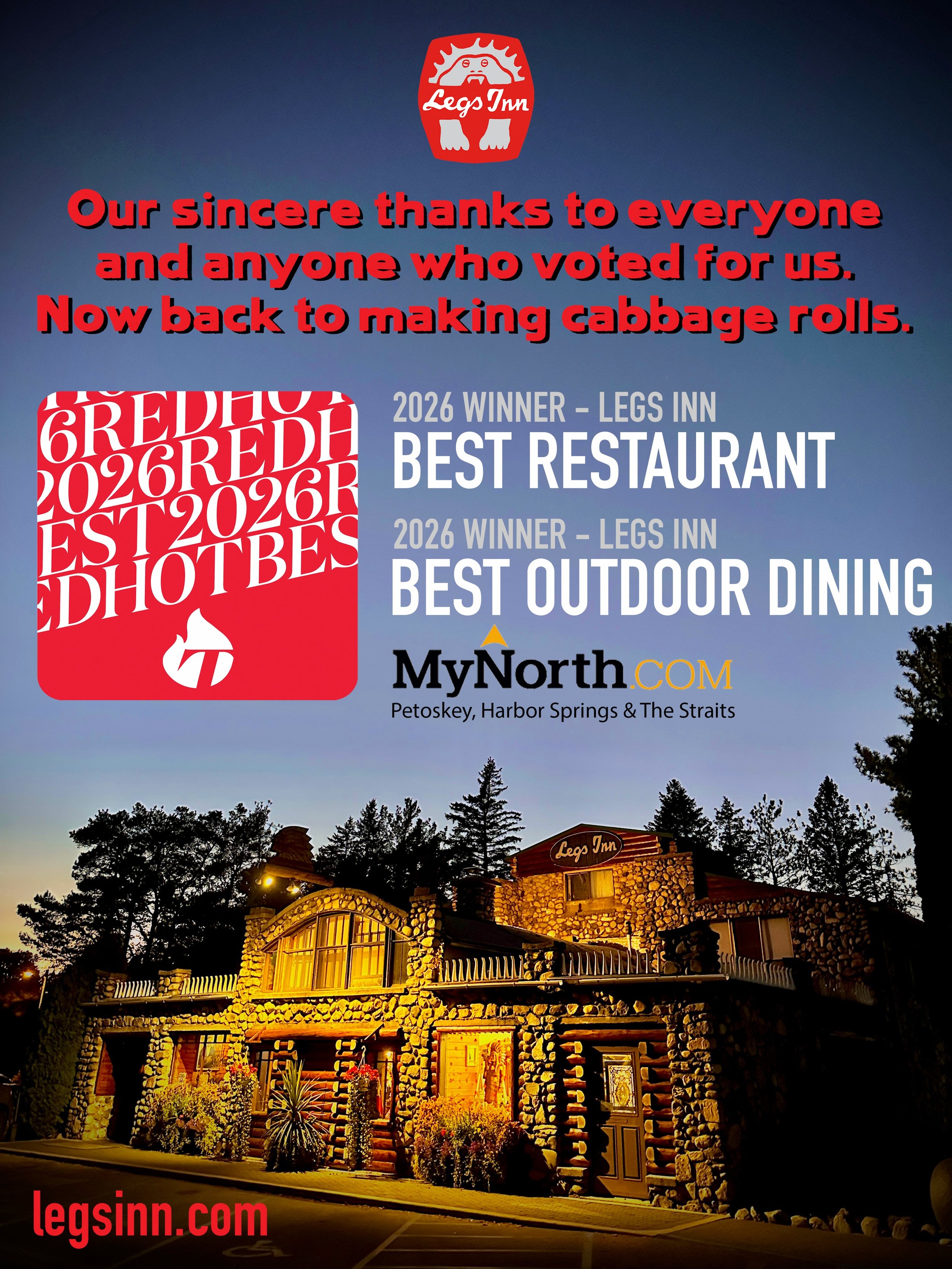 Our sincere thanks to everyone and anyone who voted for us. Now back to making cabbage rolls. 2026 WINNER 🏆 BEST RESTAURANT + 🏆 BEST OUTDOOR DINING. (Full list: MyNorth.com link in bio.) #legsinn #crossvillage #harborsprings #redhotbest #puremichig
