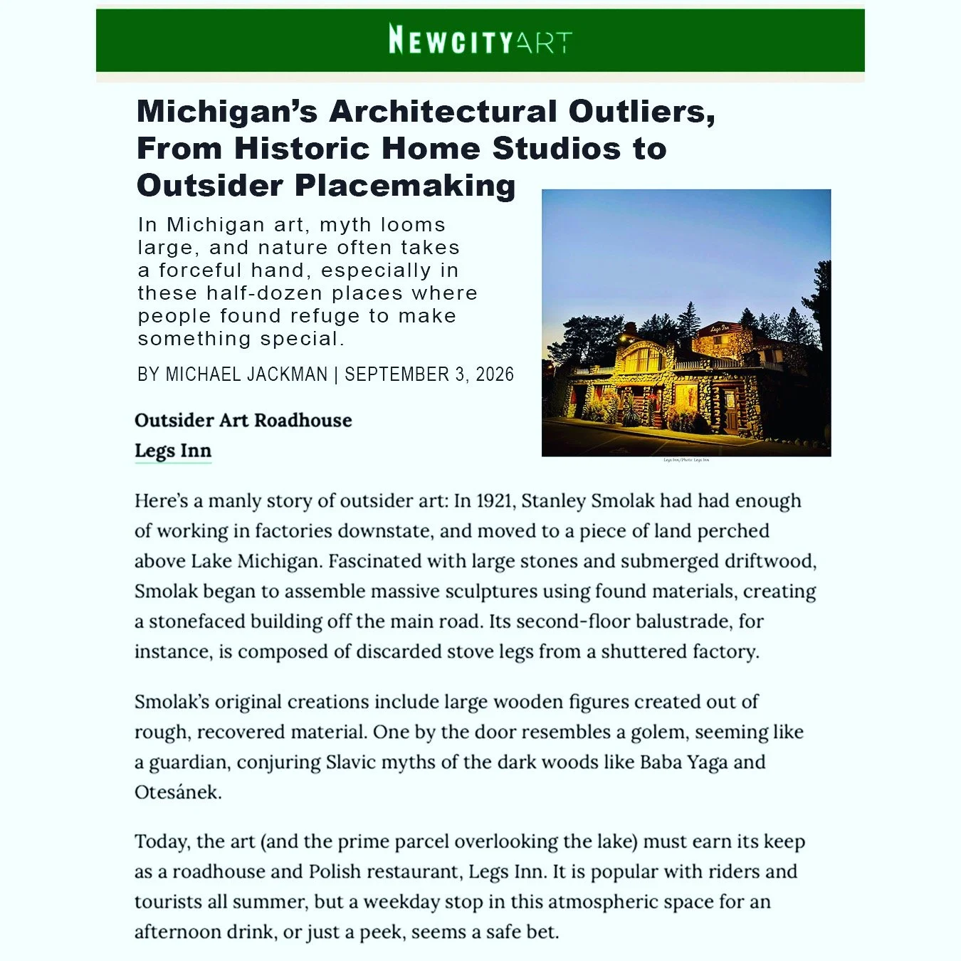 NewCity: &ldquo;In Michigan art, myth looms large, and nature often takes a forceful hand, especially in [this place] where people found refuge to make something special.&rdquo; #legsinn #newcitymag #crossvillage #harborsprings #m119 #tunneloftrees #