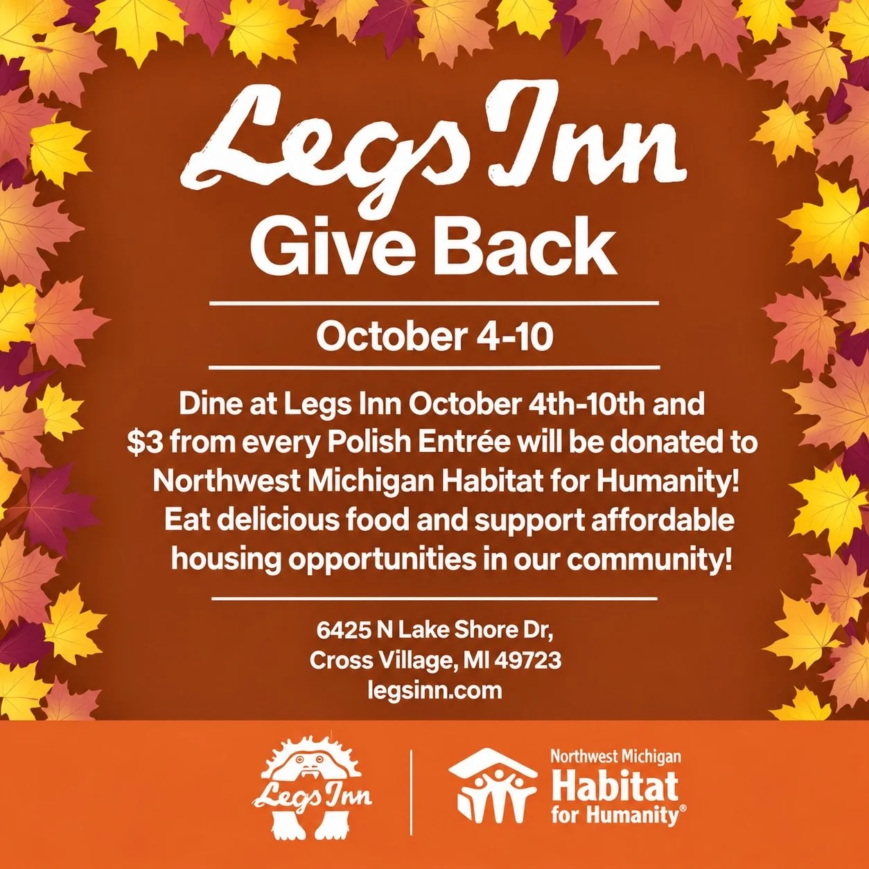 Once again, @legsinn is proud to partner with @nwmi.habitatforhumanity for another Give Back Week! ❤️

Dine with us from October 4&ndash;10 and help make a difference in our community. For every Polish entr&eacute;e ordered, $3 will be donated to sup